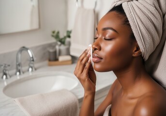 Young Black woman cleaning face with cotton pad in bathroom. African American female applying toner or makeup remover during skincare routine. Beauty and wellness concept