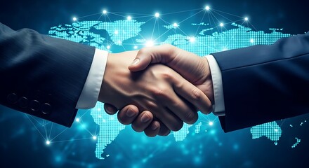 Business handshake over digital world map background