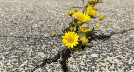 Yellow flowers growing through concrete crack showing resilience