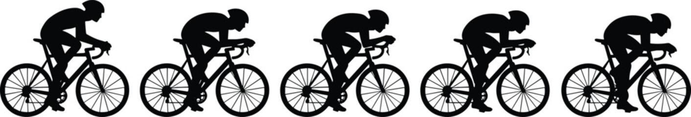 Professional Cyclist and Biker Vector Silhouettes, Road Bike Riders in Racing Positions, Black Graphics for Sport Event Posters, Fitness Apps, and Cycling Club Logos, Isolated on White.
