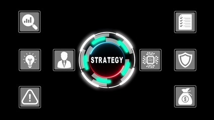 Business strategy concept with black background white text and green accents planning management