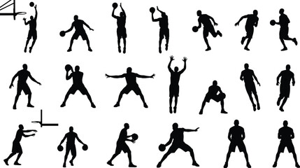 Dynamic Basketball Player Silhouettes Vector Set, Sport Athletes in Action Poses, Black Graphics for Logo Design, Game Graphics, and Tournament Promotion, Isolated on White Background.