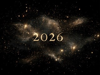 Golden "2026" floats within an abstract, starry night sky, glowing in shades of gold