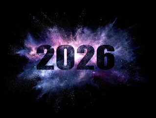 Bold "2026" centered against a cosmic explosion of purple, blue, and pink hues