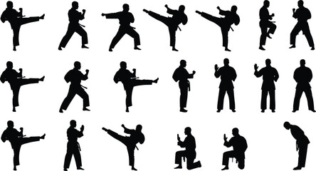 Karate and Martial Arts Silhouette Collection of Fighters Performing High Kicks, Defensive Blocks, and Bowing Stances for Sport and Fitness Training