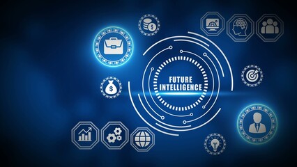 Future intelligence concept with glowing blue and white on dark blue background glowing blue white dark blue background