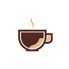 A stylized brown and beige coffee cup with steam rising.