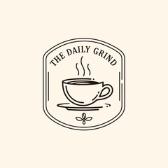 A minimalist line art logo featuring a steaming coffee cup on a saucer within a shield badge, with 