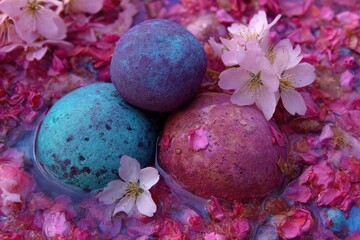 Spherical objects in vibrant hues nestled among pink petals & delicate blossoms