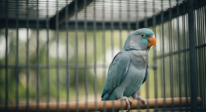 A turquoise parrot inside a cage looking thoughtfully towards the viewer