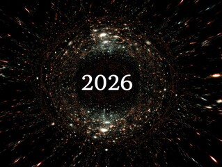 Numeric year 2026 is centered within a swirling cosmos of bright dots and lines