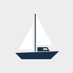 Simple graphic illustration of a sailboat with white sails on a calm light grey background, depicting a classic marine vessel.