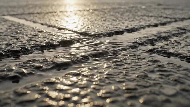 Sunlight Reflections Playfully Interact With Flowing Water On Rustic Pavement Surface