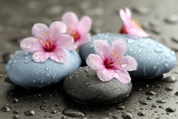 Close-up of wet, smooth stones adorned with delicate pink blossoms and water droplets