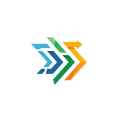 Abstract logo featuring multiple overlapping arrows in blue, green, and orange, dynamically pointing right, symbolizing speed, progress, and forward movement.