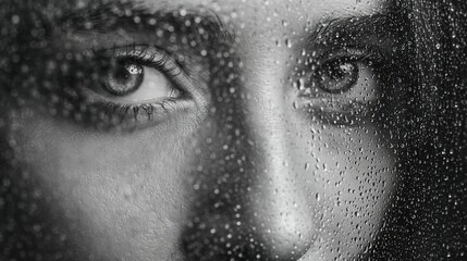 Obraz premium Glimpse of Emotion: A close-up monochrome portrait reveals the tender, expressive gaze of an eye, framed by droplets of water, evoking feelings of introspection and solitude.