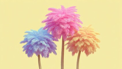 Three stylized, fluffy palm trees in pastel shades against a soft yellow background