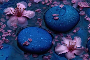 Close-up of tranquil water with blue stones, cherry blossoms, and floating petals