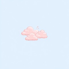 Cartoonish pink clouds float against a pale blue backdrop with tiny hearts above