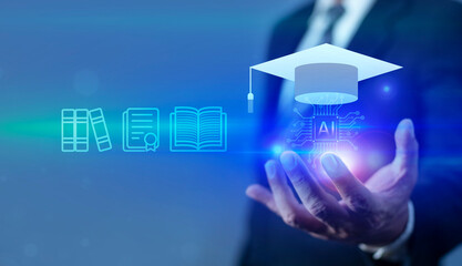 AI chip and graduate hat in blue with light neon effects. A man interacts with e-learning icons virtually, Online education and AI education. Artificial Intelligence concept.