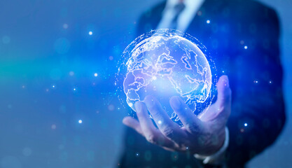 Businessman holding global technology and media digital network connection, Big data analytics and business intelligence analytics in the world cyberspace technology strategy.