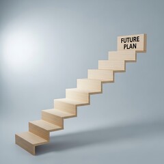 Obraz premium Wooden staircase with future plan text on top step against gray background
