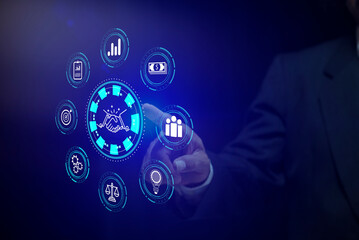 Hand agreement contract technology with icon. Business partnership. Global cooperation network. Startup funding crowdfunding investment venture capital.