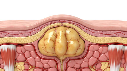 Close-up anatomical illustration of a sebaceous cyst forming under the skin layers