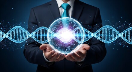 Businessman holding glowing DNA helix and cell genetic
