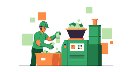 Illustration displaying a recycling plant worker feeding plastic bottles into a recycling machine