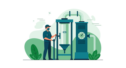Illustration featuring factory worker operating machinery in a processing plant system setting