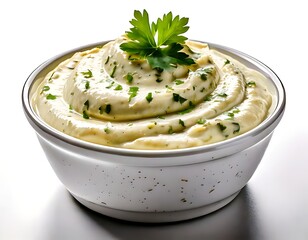 Creamy homemade herb and garlic dip in a white ceramic dish with parsley on top