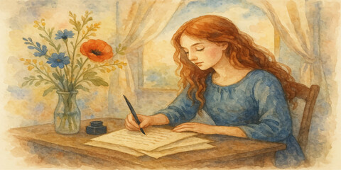 Smiling young woman sitting at home reading a book and studying on her laptop