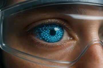 Futuristic Bionic Eye with Glowing Digital Network and Safety Glasses