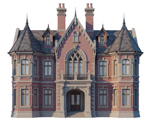 Fototapeta premium Pink brick mansion with gray roof and stone details isolated on a transparent background