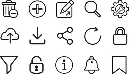   Thin outlined function icon set for interface, tools, utilities and modern UI design.