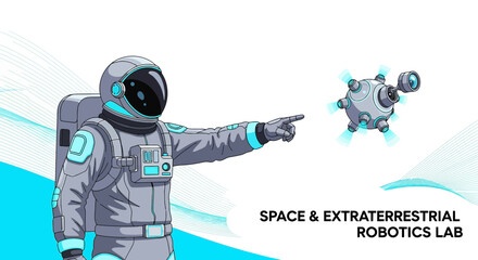 Illustration of a futuristic spaceman exploring deep space with an advanced robot helper