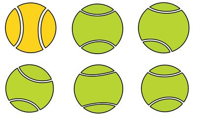 Set of six tennis balls in different styles and angles