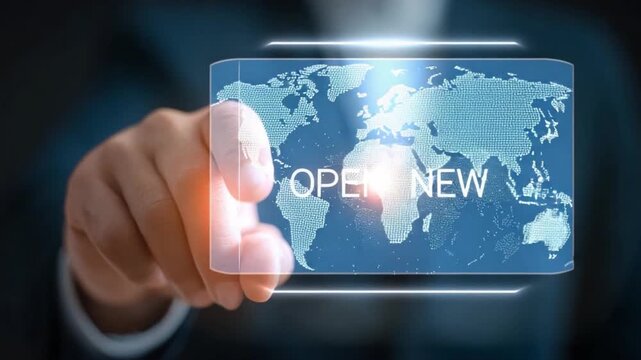 Global Initiative: A hand interacts with a holographic interface, the world map glows, signifying the opening of a new chapter and international expansion. 