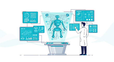 Illustration of a scientist developing a futuristic robot with advanced technology interface