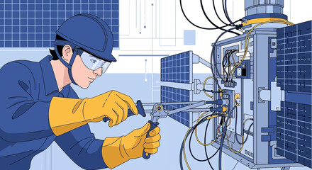 Illustration of a technician working on a satellite panel with cabling and connections
