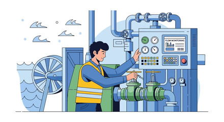 Illustration of a water treatment plant operator monitoring flow and adjusting valves with