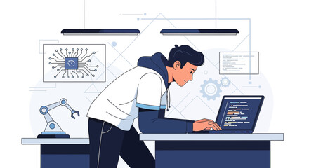 Illustration of a young software developer working on a laptop in a modern workspace