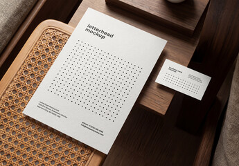 Template Mockup Letterhead and Business Card Branding on Wooden Surface
