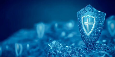サイバーセキュリティの概念：青い3Dの盾とデジタル防御壁