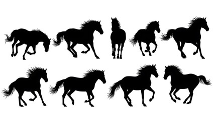 Fototapeta premium Collection of black horse silhouettes in various poses and movements against a white background Year of horse Chinese new year 2026 Background