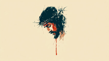 Jesus Christ Wearing Crown of Thorns on Clean Background. Easter Passion, Religious Art.