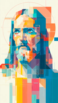 Jesus Christ Portrait in Geometric Shapes. Modern Religion, Holy Spirit.