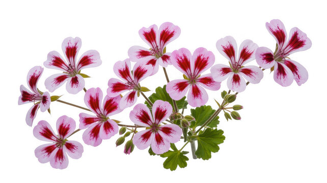 Pink geranium flowers with green leaves isolated on a transparent background