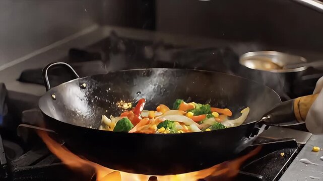 Vibrant fresh vegetables stir frying intensely inside a hot carbon steel wok over powerful flames in a busy professional kitchen environment